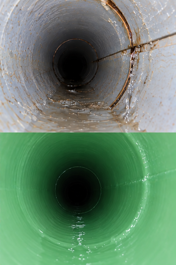 Exemplo ilustrativo: Fuga numa junta de PVC, antes e depois de um revestimento verde com epóxi.