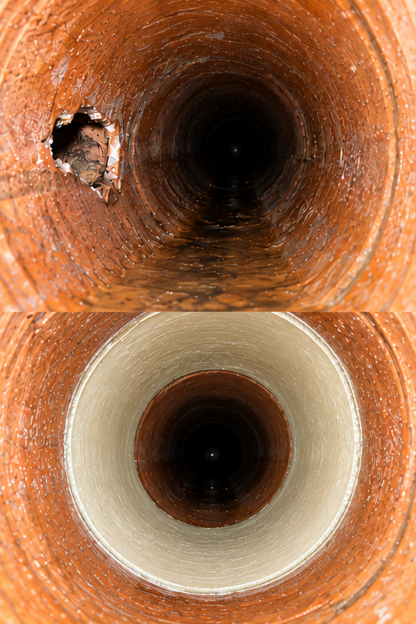 Exemplo ilustrativo: Rotura localizada em grés, antes e depois de uma reparação com faixa creme em toda a circunferência.